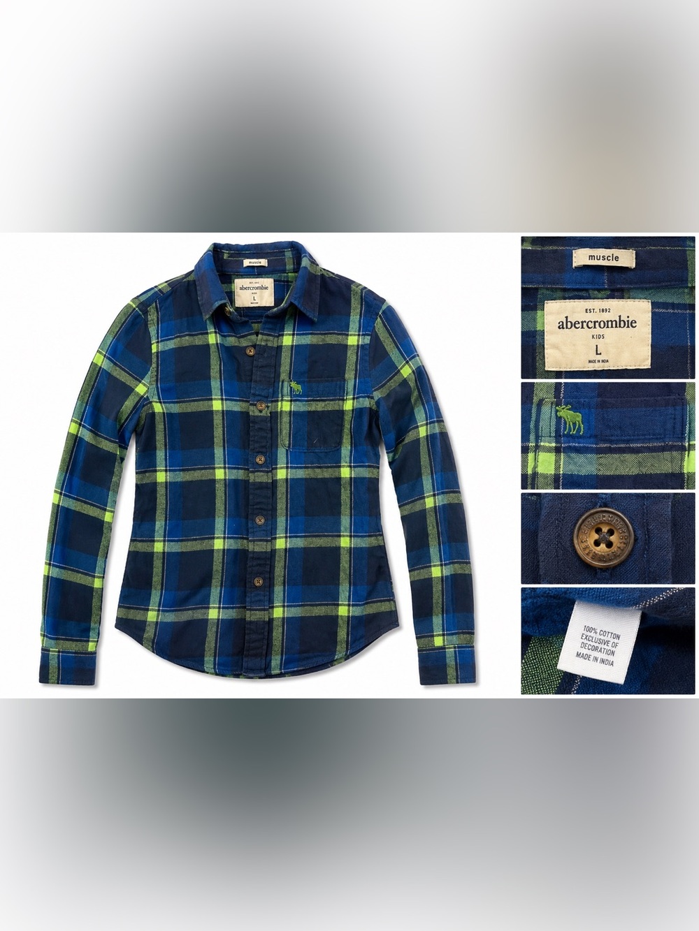 Abercrombie Boys, Blue & Lime Plaid Button-Down Shirt
